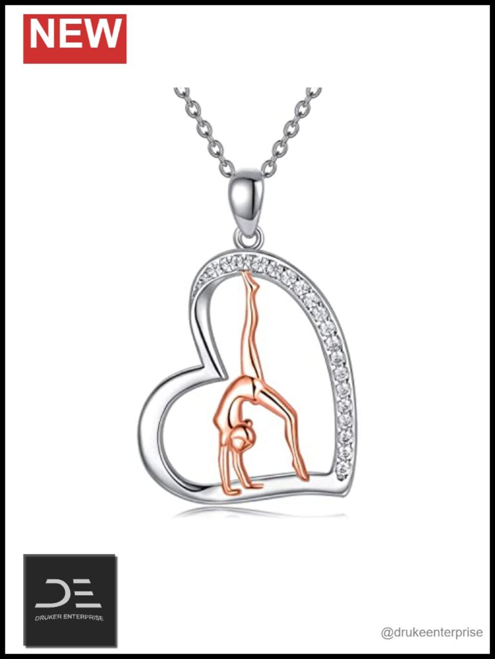 Gymnastics Necklace 925 Sterling Silver Heart Pendant Flip Gymnast Gift Elegant